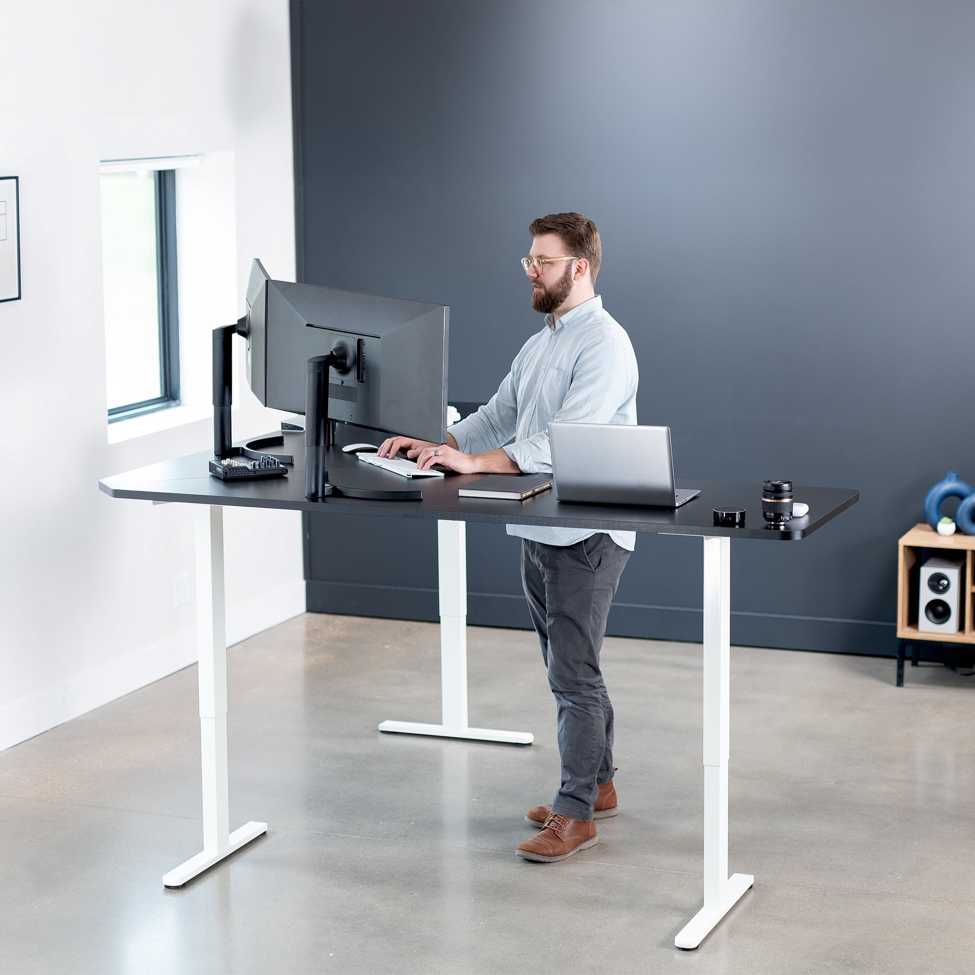 VIVO Black / White Electric 83" x 83" Curved Corner Stand Up Desk