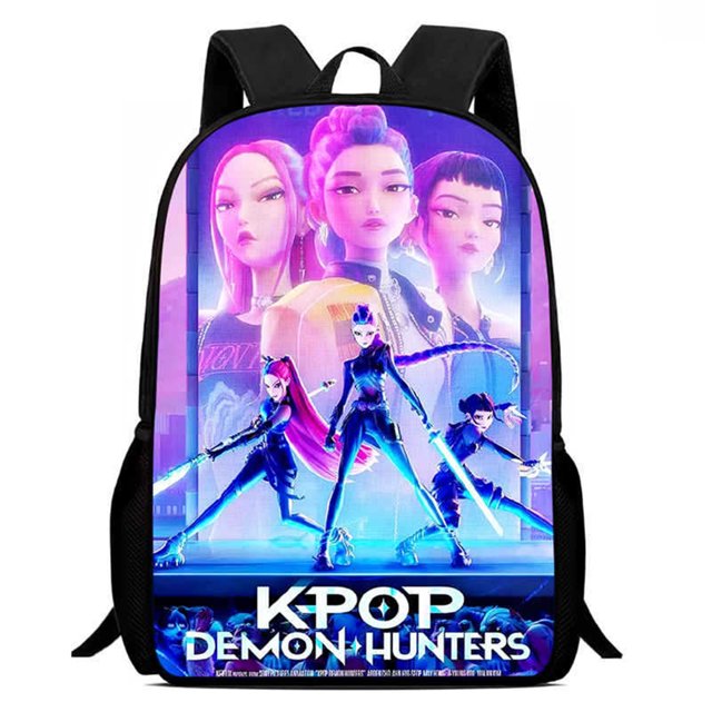 demon laptop mochila hunter oxford tela escuela al aire libre (b) nuevo mochila escolar estilo K-pop con panel frontal impreso en púrpura y azul con cuatro personajes, silueta rectangular con cierre de cremallera, asas acolchadas, correas ajustables y bolsillos laterales de malla; 39 x 29 x 12.5 cm, poliéster y forro Oxford. También usada como mochila de viaje ligera o porta laptop pequeño.