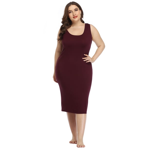 Hde Plus Size Bodycon Midi Dress Casual Fitted Jersey Tank Everyday Sundress Dark Maroon 18-20 Plus