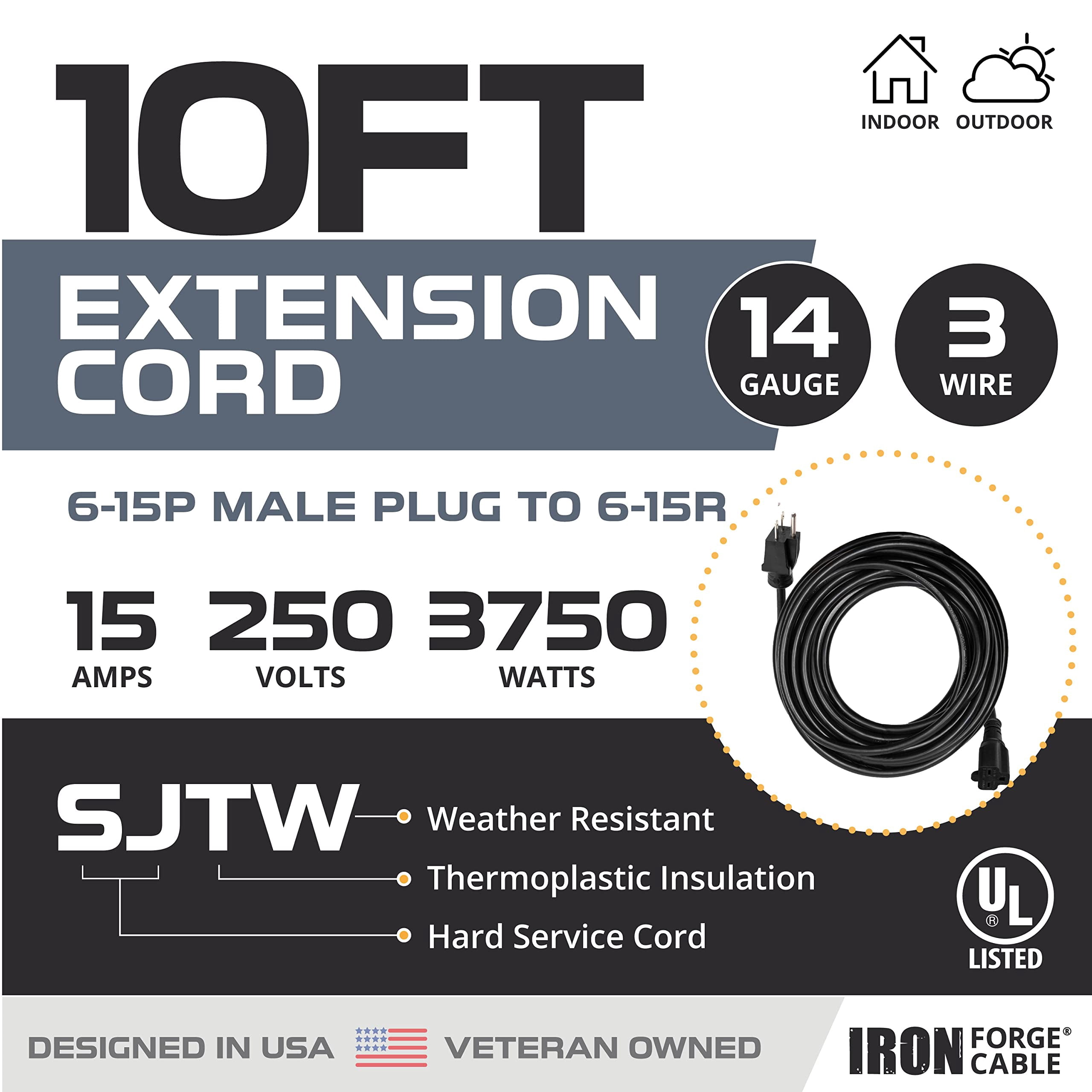 Iron Forge Cable 10 Ft Extension Cord - Nema 6-15 Extension Cord, 6-15P to 6-15R Black SJTW 14 Gauge Electric Cable, 15 Amp 220/240 Volt Heavy Duty