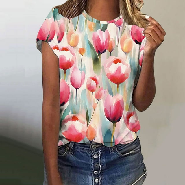 Liquidation Fatuov Blouses Grande Taille pour Femmes T-Shirts Graphiques à Motif Floral Manches Courtes Été Col Rond Coupe Ample Hauts Multicolore