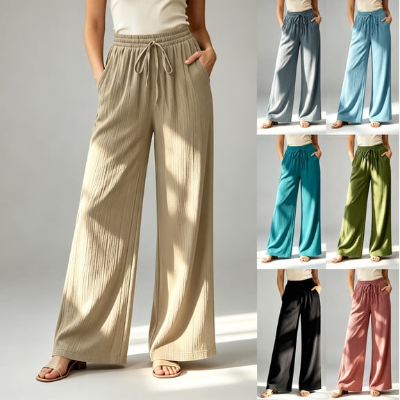 Women's High Waist Flowy Wide Leg Pants, Durable & Long-Lasting Elastic Drawstring Casual Palazzo Trousers with Pockets for Beach | TruBelle,Army Green L