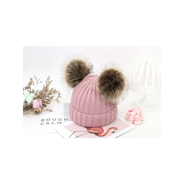 Kids Pom Pom Hat Fleece Girls Winter Beanie Hat Kids Beanie Hat, Pink