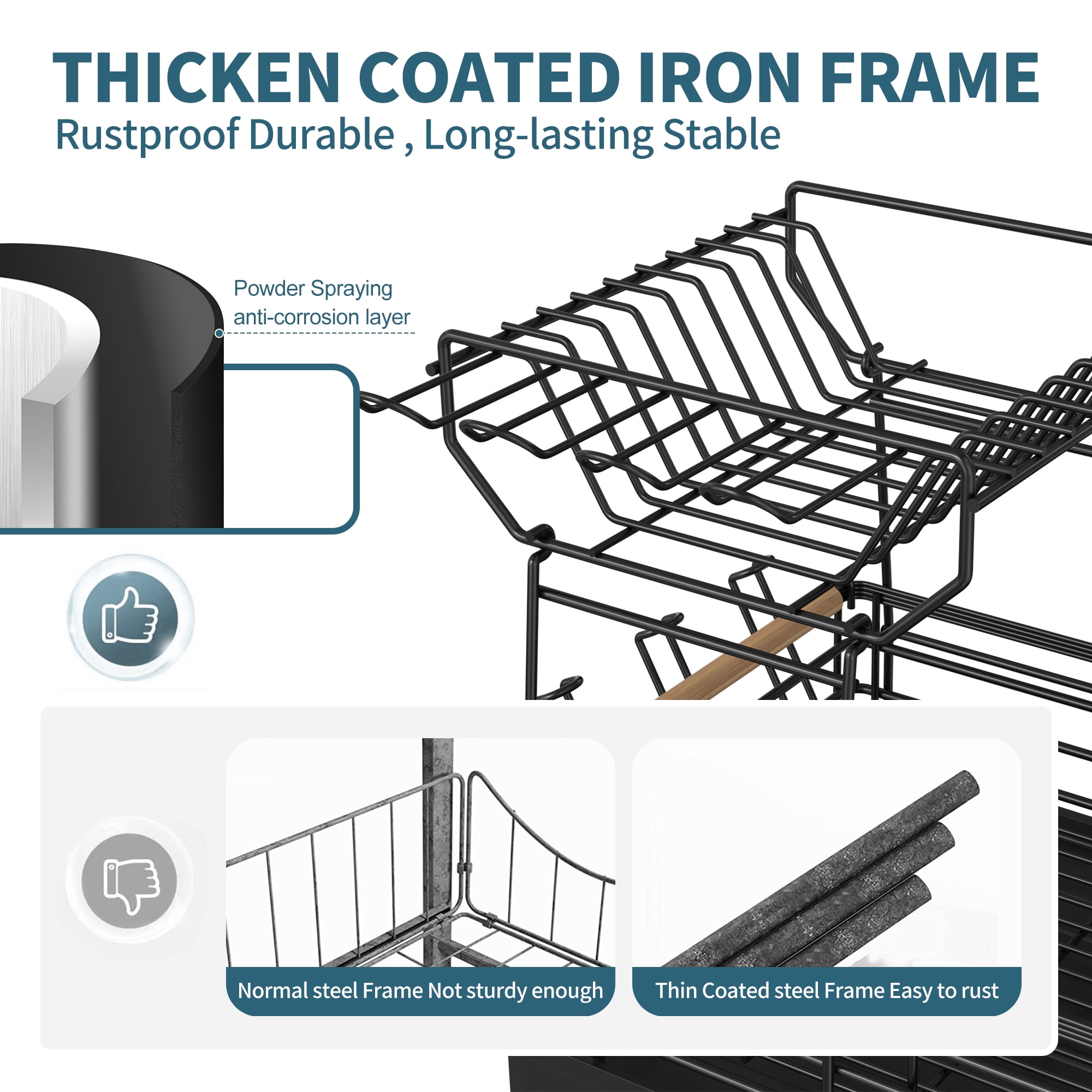 Innovaze Metal Dish Drying Rack, 2 Tier Compact Dish Rack w/Bamboo Holder for Kitchen Counter, Black