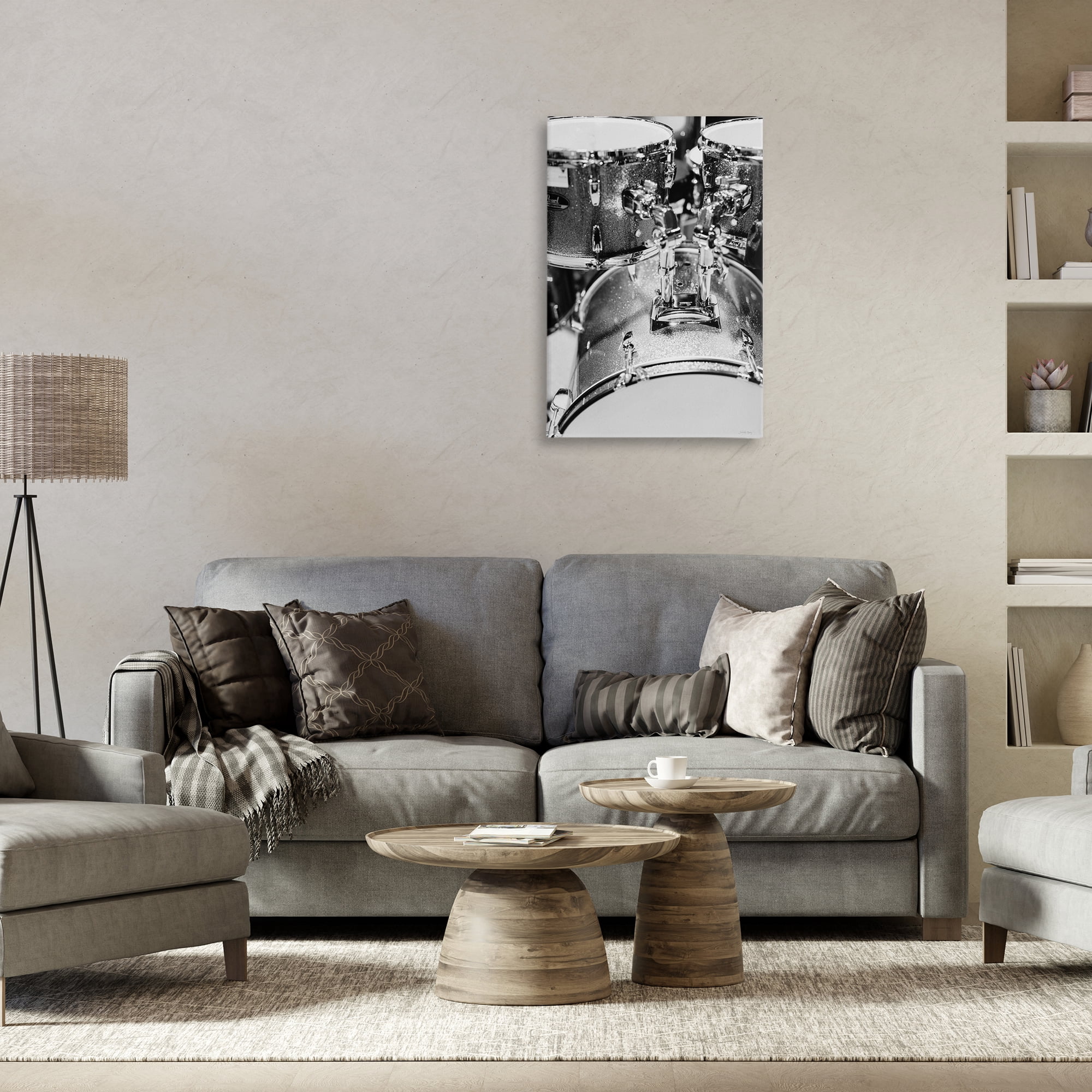 Stupell Industries Drum Set Black & White Entertainment Painting Wrapped Canvas Art Print Wall Art, 20 x 30