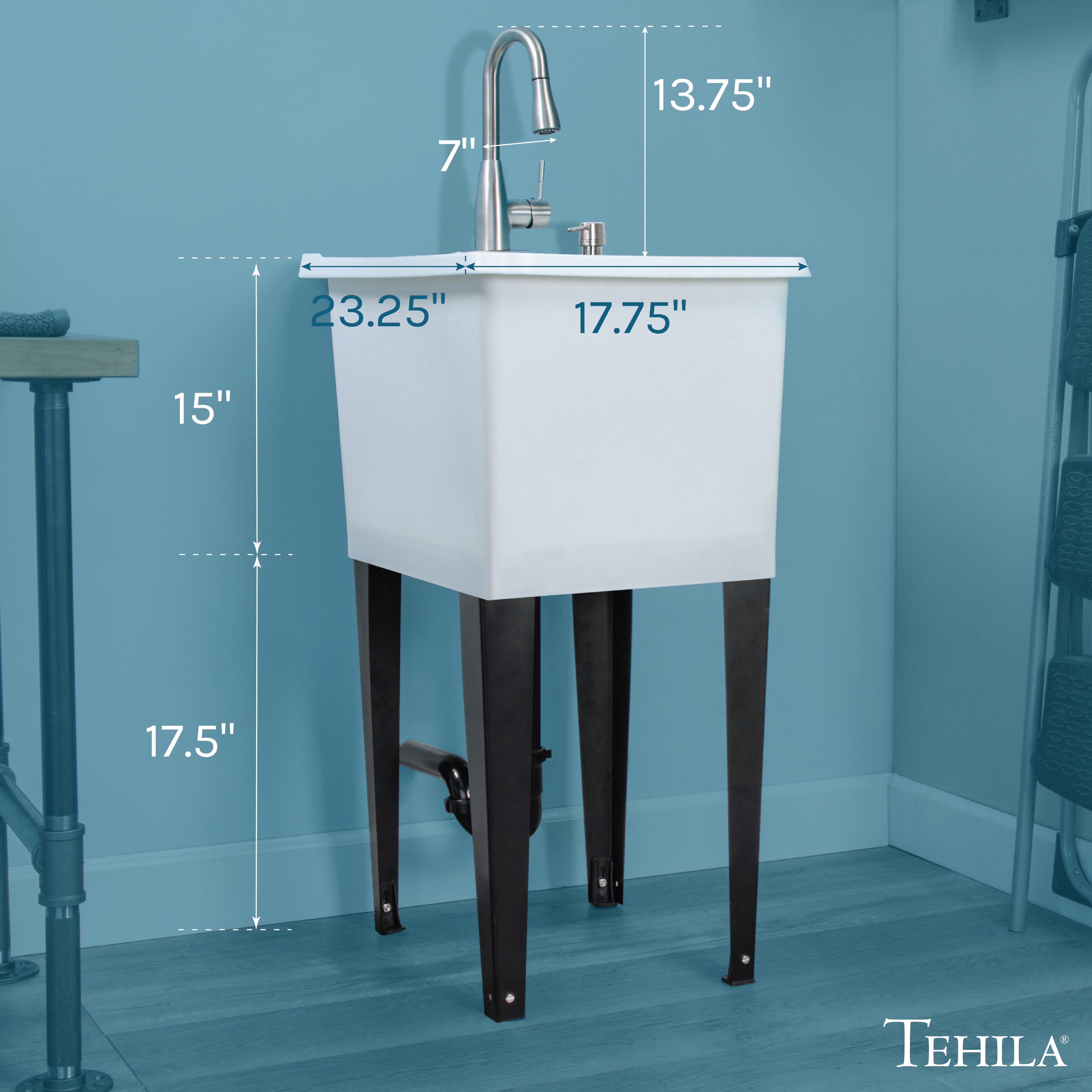 TEHILA Space Saver 16 Gallon White Utility Sink with Stainless Finish Pull-Down Faucet with Pause Mode
