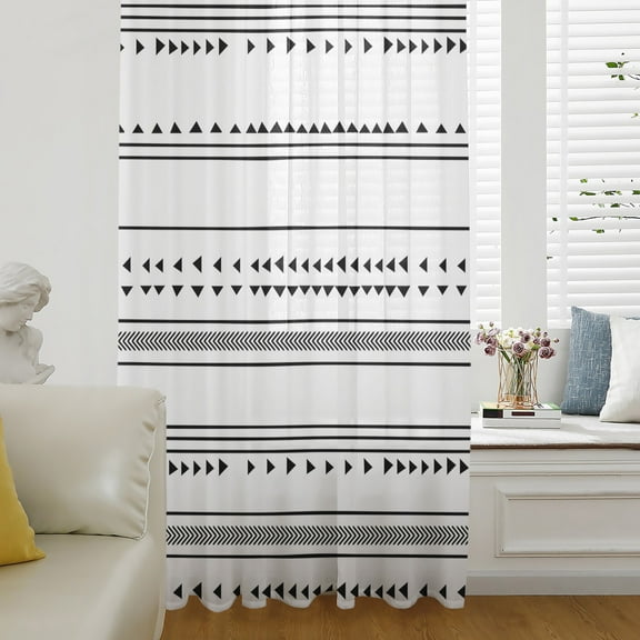 Boho Black White Modern Stripes Semi Sheer Curtains Drapes for Living Room,Bedroom,French Doors Window 108 Inches Long,Farmhouse Abstract Art Rod Pocket Chiffon Curtain Drapery Voile Draperies Panel