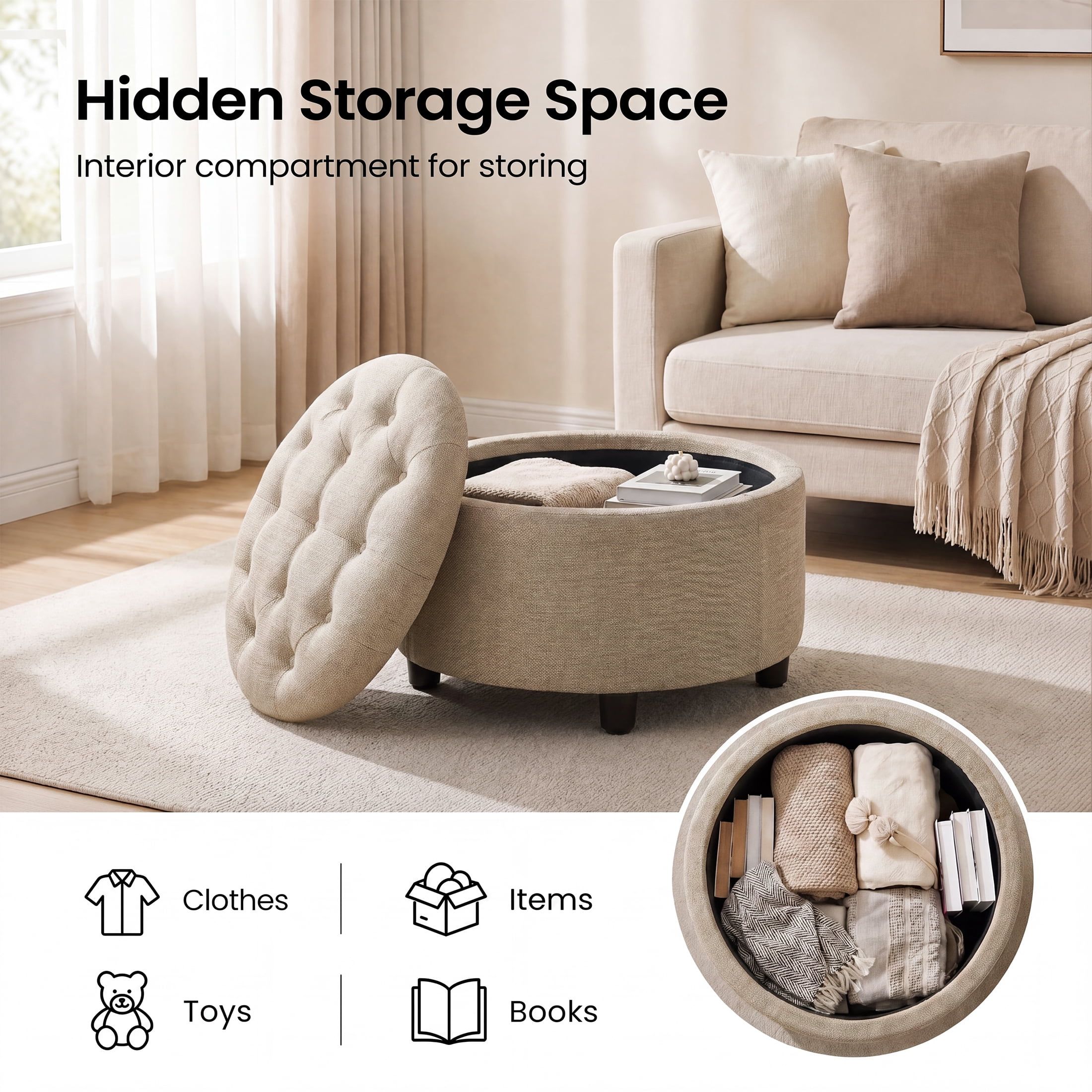 Camel Round Ottoman with Storage and Reversible Tray, Upholstered Fabric Footrest Coffee Table for Living Room, Bedroom, Entryway-25 Inch