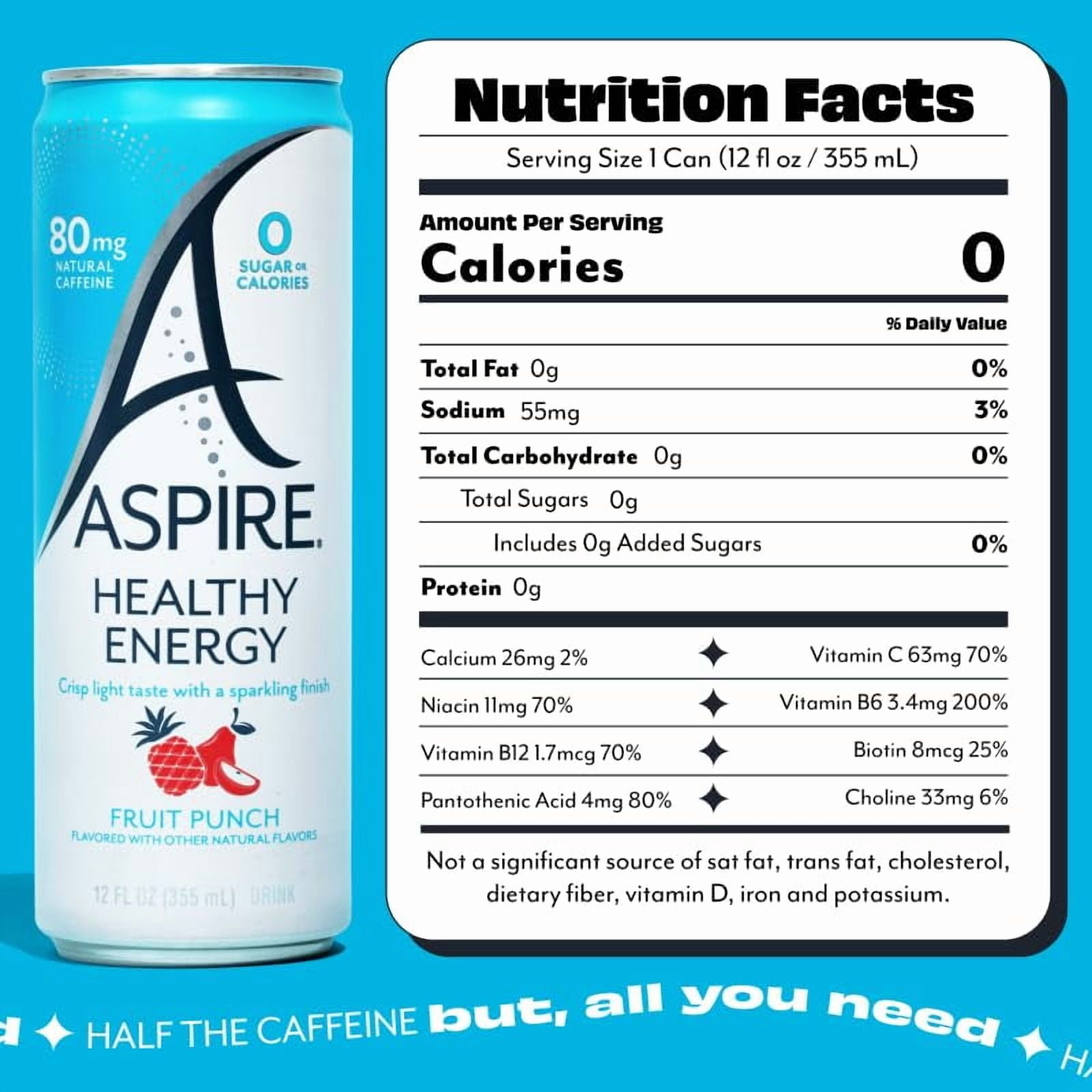 ASPIRE® Fruit Punch, Healthy Energy Drink 80mg Natural Caffeine, Zero Sugar No Carbs Keto Friendly, 12 Pack Green Tea Sugar Free Drink Low Caffeine Zero Calorie