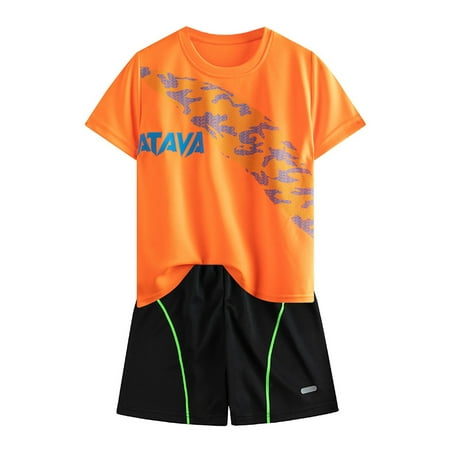 Adeawade Outfits For Boy Short Sleeved Tracksuit Crewneck Solid Color Tops Knee Length Shorts Simple Clothing Orange 9-10 Years