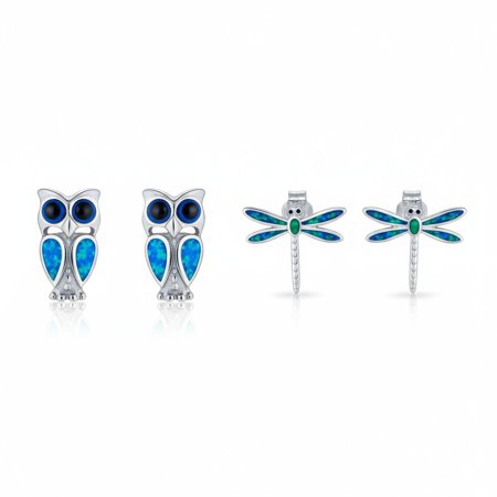 Bling Jewelry Womens Set of 2 Created Blue Opal Dragonfly & Owl Stud Earrings Sterling Silver