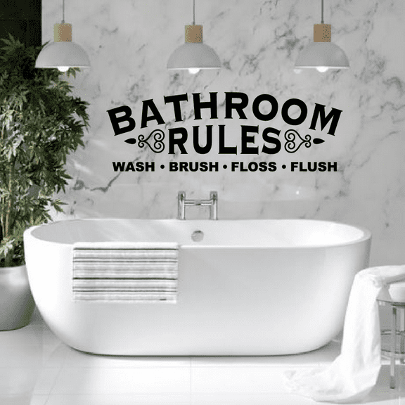 Wash, Brush, Floss, Flush - Bathroom Rules Quotes Vinyl Wall Art Sticker Decal Home Bathroom Rest Room Comfort Room Signage Ladies Gentlemen Toilet Room Wall Design Reminders Size (16x40 inch)