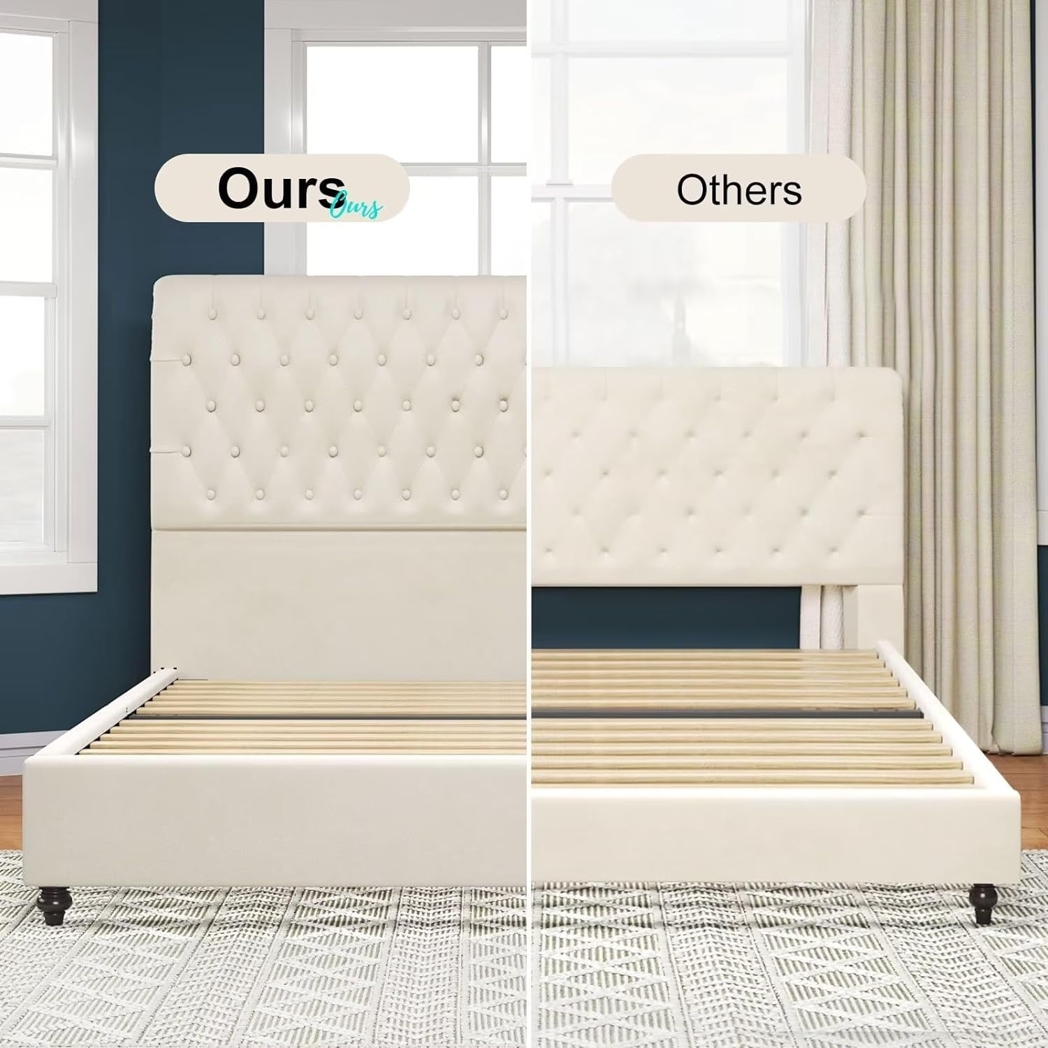 Merluxy Upholstered Queen Bed Frame with Headboard Sleigh PlatformTufted Bed/Cream