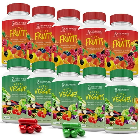 Vital Fruits and Veggies Supplement Whole Food Red & Green Superfoods Non GMO Vegan Friendly 90 Veggie Capsules Per Bottle 10 Bottles