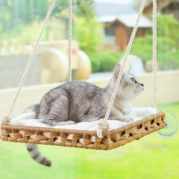 Cat Window Perch Cat Window Hammock Bed for Indoor Cats, Large Handwoven PE Rattan Window Seat, 4 Suction Cups, Double Sided Washable Cushion Bed, 2.3 Inch Fence Shelf, for Pet Kittens Natural