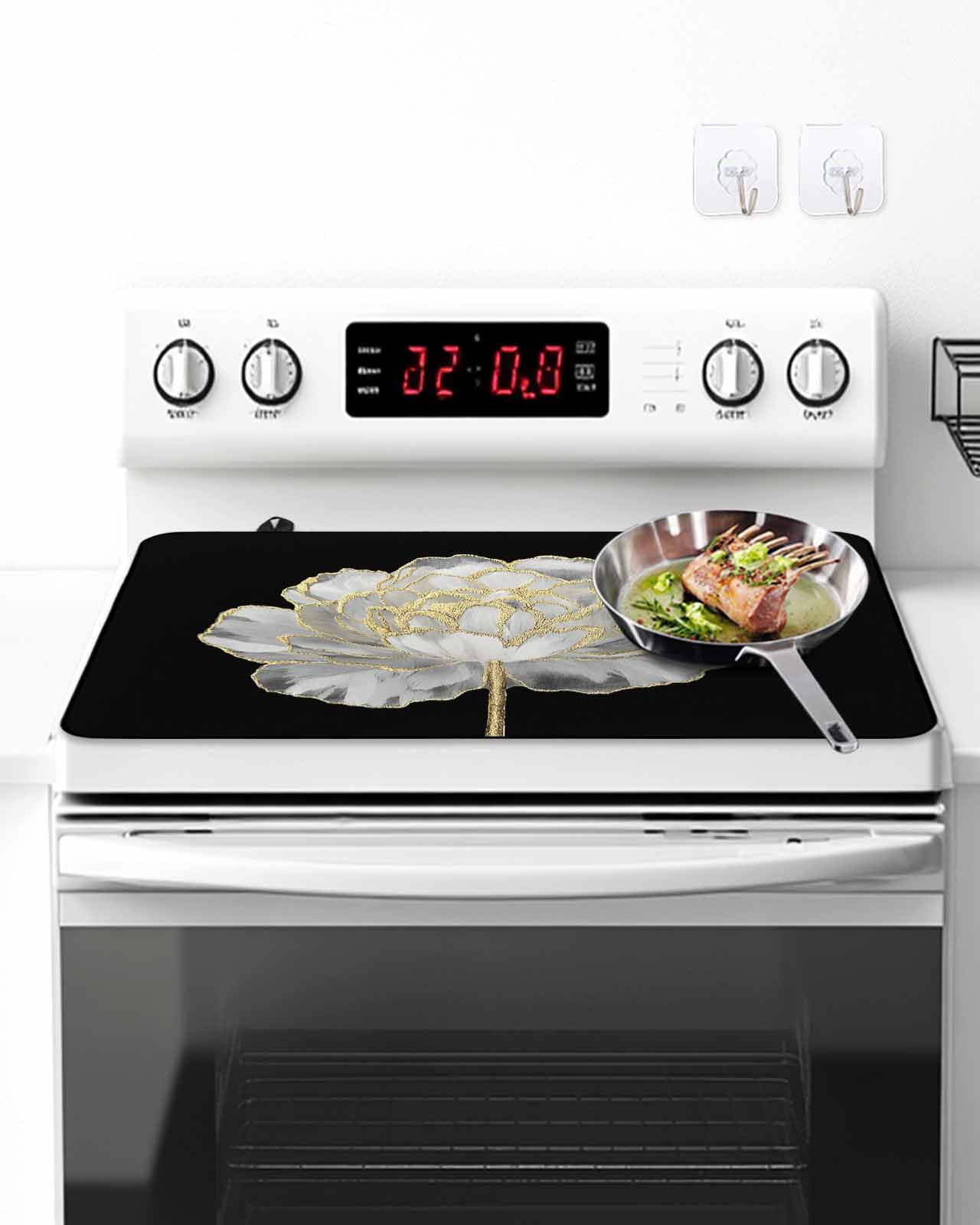 Stove Top Covers for Electric Stove, Flower Black Glass Stovetop Cover Protector, Gold White Abstract Floral Aesthetic Induction Cooktop Protector Oven Mat for Kitchen Countertop 24"x21"