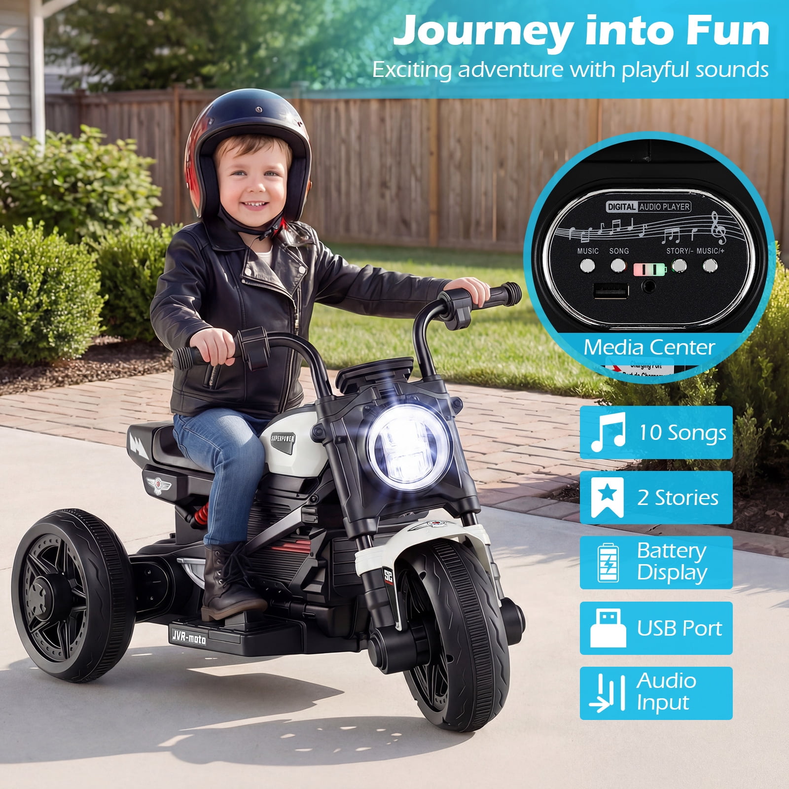 Costway 6V Kids Motorcycle with Song,Story,LED Headlights,Accelerator Pedal&3 Wheels, White & Black