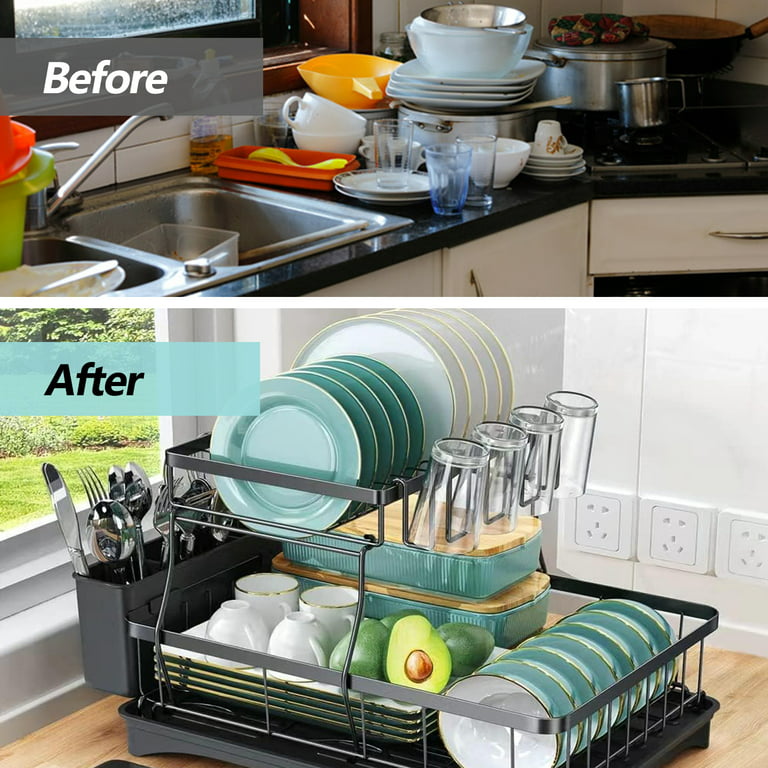  Dish Drying Rack, 2 Tier Dish Racks for Kitchen Counter, Dish  Drainer Dish Rack with Pots & Pans Holder, Large Dish Drying Rack with  Drainboard Utensil Holder Cup Holder Cutting