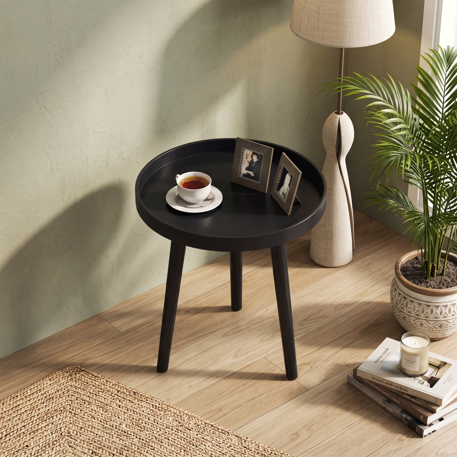 Furnibear Mid Century Modern Round Side Table, Small Sofa End Coffee Table with Bamboo Legs & Wooden Tray Top for Living Room Bedroom Small Spaces, Nightstand, Black
