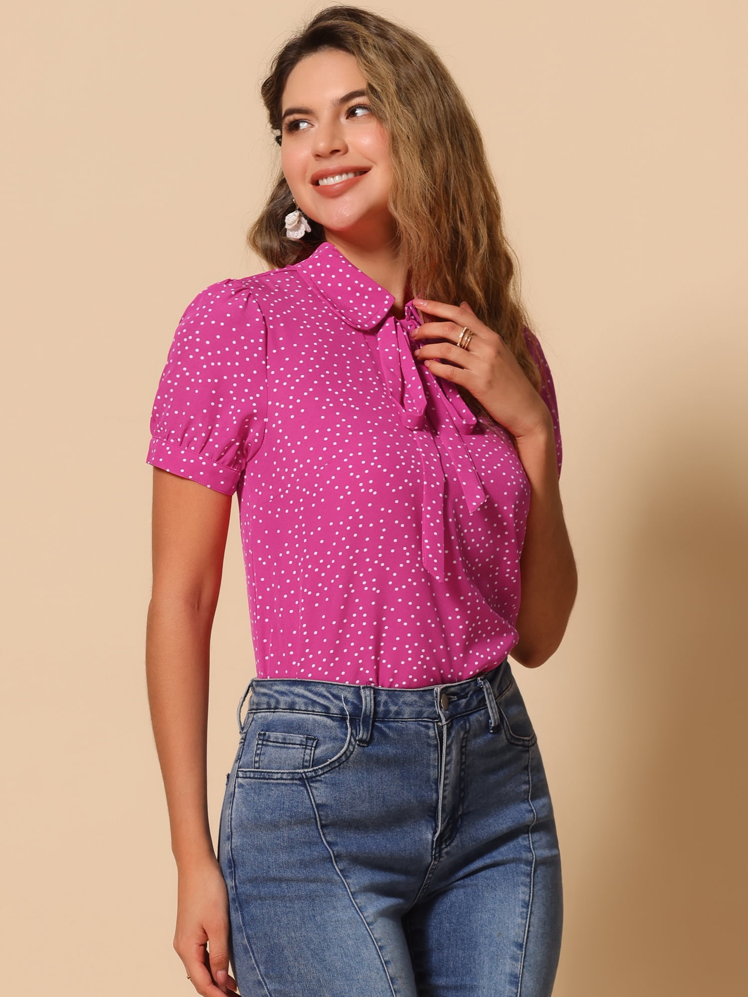 DARING DIVA Women's Polka Dots Tie Bow Chiffon Blouse M Hot Pink