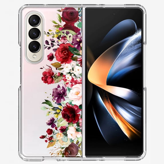MUNDAZE Samsung Galaxy Z Fold 4 Shockproof Clear Hybrid Protective Phone Case Red Summer Watercolor Floral Bouquets Ruby Flowers Cover