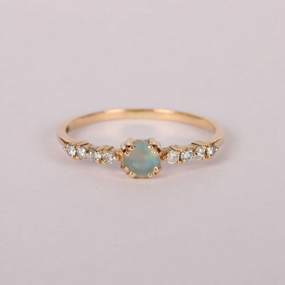 925 Silver Opal & Diamond Ring, Solitaire Opal & Four Diamond Stackable Ring, Delicate Welo Opal Ring, Anniversary Gift For Her