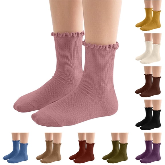 Mgmyaa Pure Cotton Kids Ruffle Crew Socks Solid Color Ribbed Mid-Calf Socks for Girls and Boys Ages 1-12