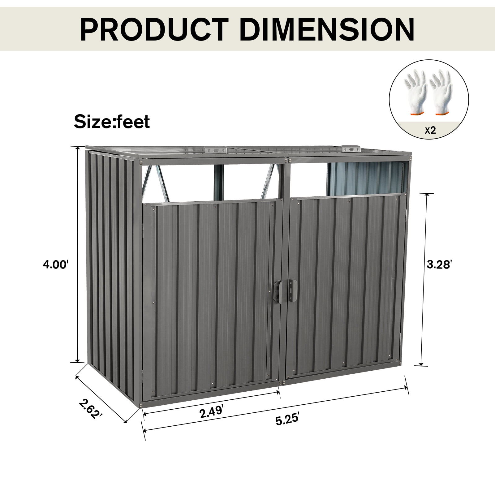 Trash Bin Storage Shed, Metal Outdoor Bin House for Double Garbage Can Storage Garden Yard Lawn, Grey