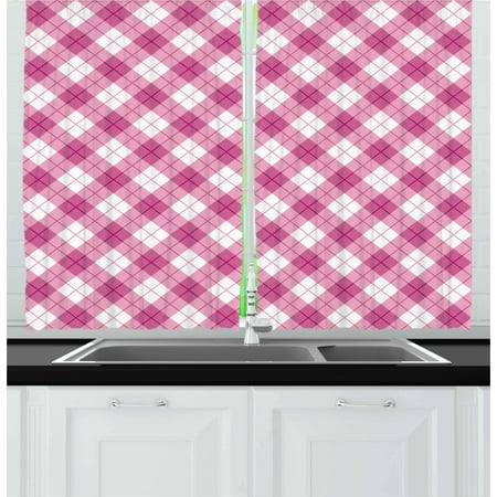 Checked Curtains Abstract Curtains 2 Panels Set, Geometric Diagonal Figure in Pastel Color Girls Style Checked Design, Window Drapes for Living Room Bedroom, 55W X 39L Inches, Fuchsia Pale Pink White, by Ambesonne ()