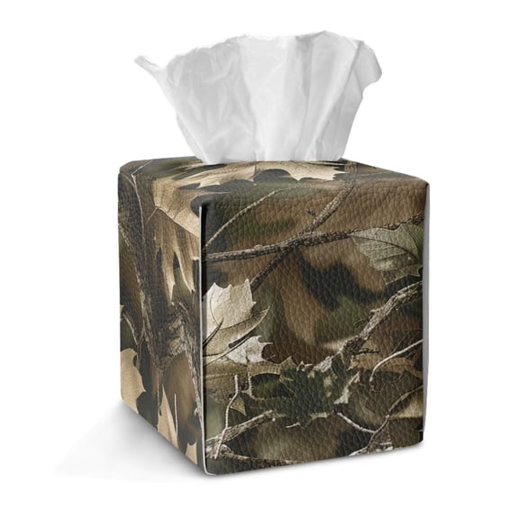COEQINE PU Leather Square Tissue Box Cover, Snap Closure for Easy Refill & Storage, Universal Decorative Tissue Holder for Home Bedroom Car Office Desk, Camo Hunting Forest