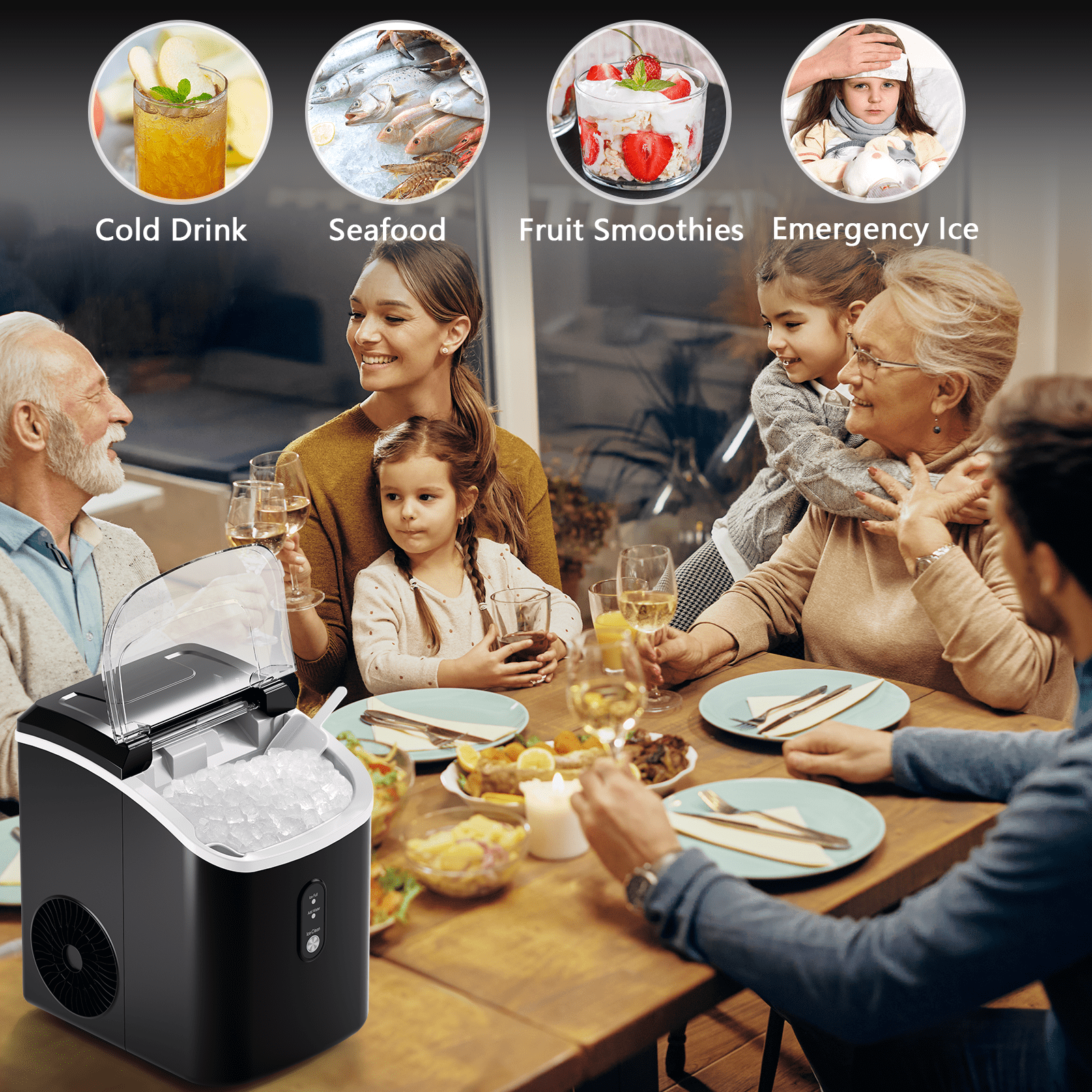 Moifoi 33lbs Countertop Nugget Ice Maker, Potable with Scoop, Soft Nugget Ice Ready in 7mins, Black