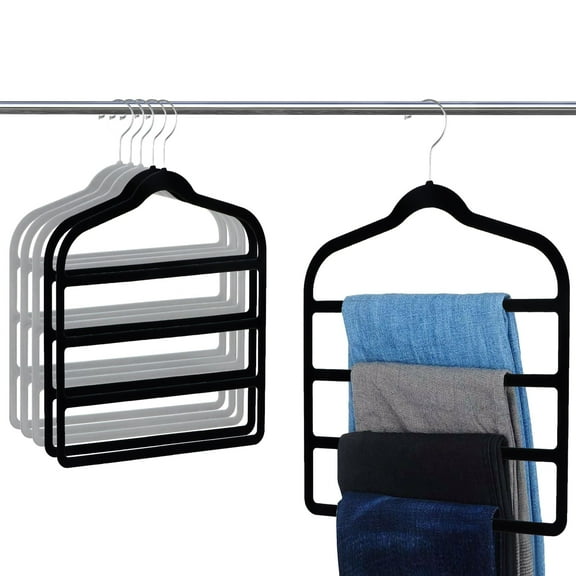 Neasyth Pants Hangers Space Saving, 6PCS Velvet Non-Slip Stainless Steel Clothes Hangers for Multiple Pants (Black Gray)