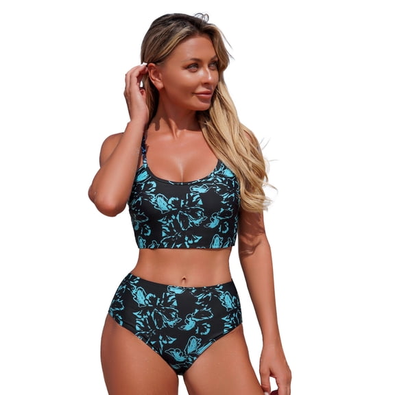 VNKIDY Womens Scoop Neck Sleeveless Floral Print Crop Tankini Top High Waisted Full Coverage Bottom Two Piece Swimwear Set With Adjustable Straps For Beach Days Summer Vacations Stylish Swimwear