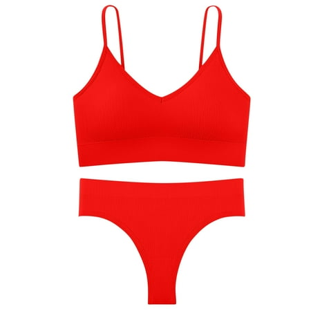 Generic Ladies  Lingerie Set Wire Free Thin Padded Cup U Back Bra With Sexy T-back Thong Solid Color Sports Underwear