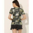 thumbnail image 4 of Camiseta informal elástica con cuello redondo y manga farol con parte superior torcida con purpurina para mujer Color Oro Negro XS, 4 of 6