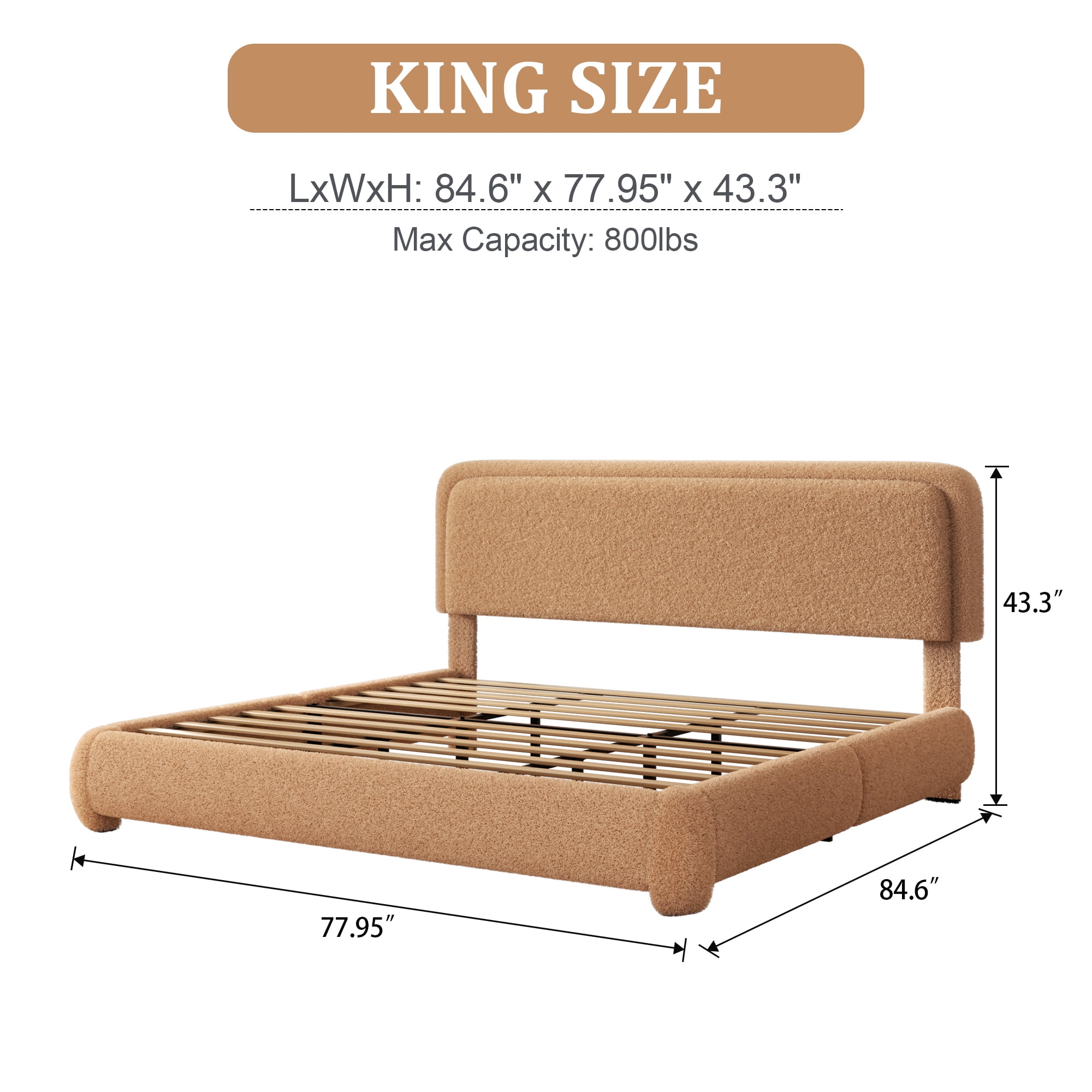 VIPLOV King Size Boucle Bed Frame, Cloud Upholstered Platform Bed with Height Adjustable Headboard & Soft Rounded Corners, No Noise Free, Easy Assembly,Brown