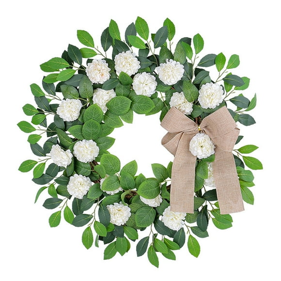 Fesfesfes Summer White Floral Rattan Wreath,Embroidered Ball Door Hanging for Beach House Entries Patio Wall Decor Outdoor Rattan Ring Wall Hanging