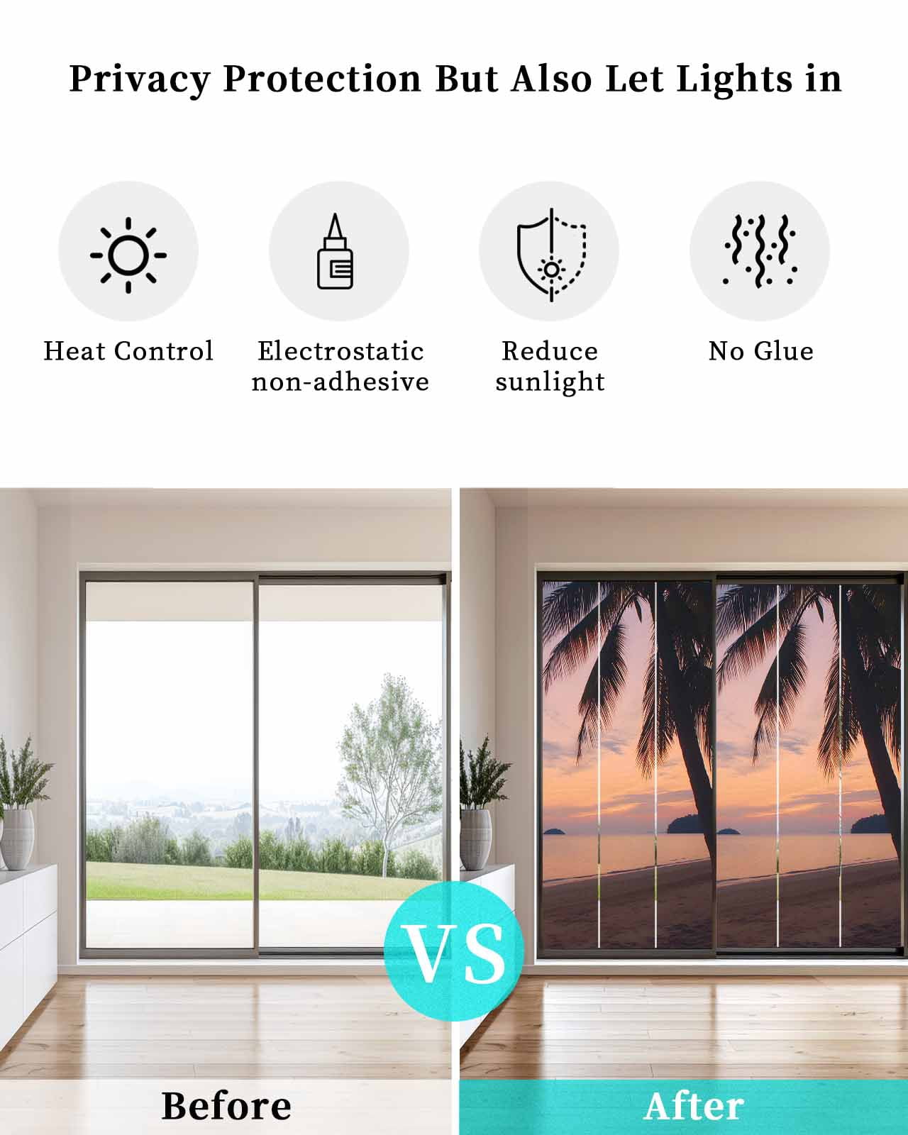 Window Privacy Film Sunset Summer Stained Glass Window Film Decorative Sun Block Window Cover Seasides Palm Tree Leaves Scene Window Clings Static Adhesive Sticker for Bathroom 23.6"x59"
