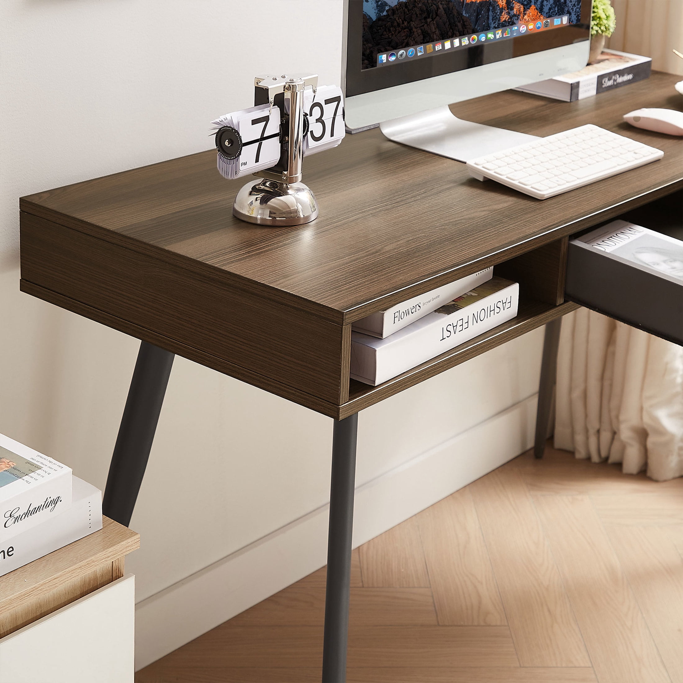 Noble House 47.24" Mid-Century Writing Desk, 3-Drawer Multifunctional Home Office Computer Table, Walnut