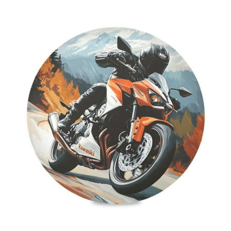 

Round Plate Mat 15.4x15.4 Inchesx4 Placemat Table Mat Kitchen Mat Coffee Mat Fabric Thick Strong Wear-Resistant Heat Resistance Orange Motorcycle Pattern