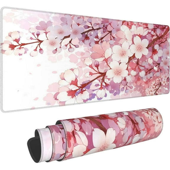 Japanese Pink Sakura Extended Mouse Pad 31.5x11.8inch XL Cherry Blossom Flower Floral Non-Slip Rubber Base Large Gaming Mousepad Stitched Edges Waterproof Keyboard Mouse Desk Pad for Office Home