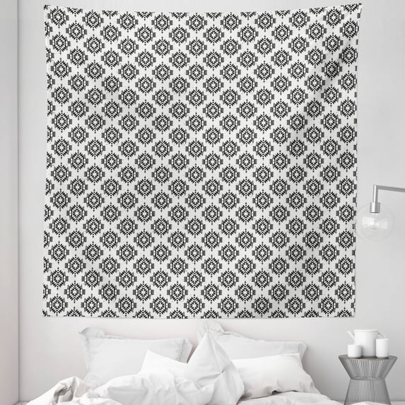 Tribal Tapestry, Grunge Monochrome Motifs with Cultural Origins Indigenous Abstract, Fabric Wall Hanging Decor for Bedroom Living Room Dorm, 5 Sizes, Black White, by Ambesonne