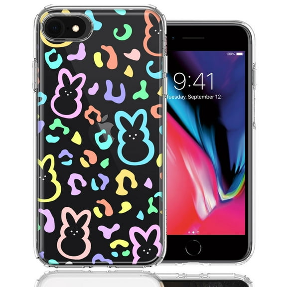 MUNDAZE for Apple iPhone 6/7/8/SE Leopard Easter Bunny Candy Colorful Rainbow Double Layer Phone Case Cover