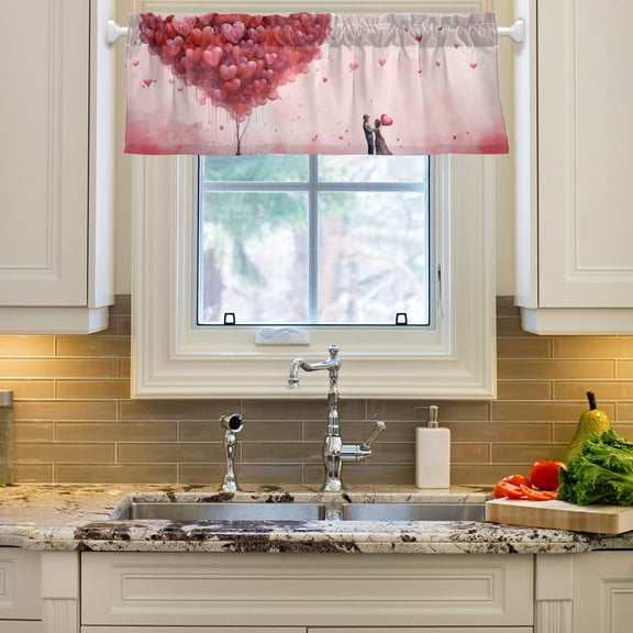 Valentine's Day Couple Hearts Curtain Valances Farmhouse Design Window Treatment Decor Blackout Rod Pocket for Windows Living Room Kitchen 54" x 18"