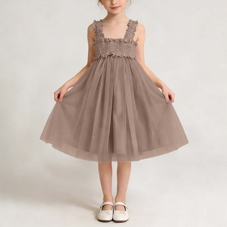 Cethrio Summer Dresses for Girl 2026 Mesh Party Spaghetti Strap Sleeveless Kids Slip Dresses Khaki Size 1-2 T