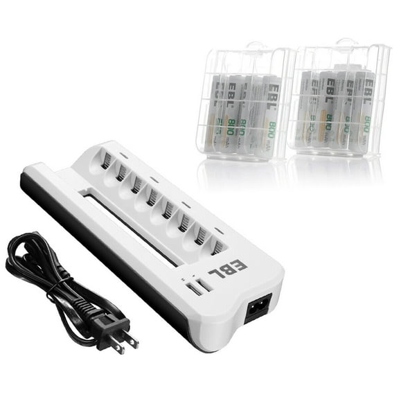 EBL 800mAh NiMH AAA Rechargeable Batteries (8 Pack) and 808U Rechargeable AA AAA Battery Charger with 2 USB Charging Ports