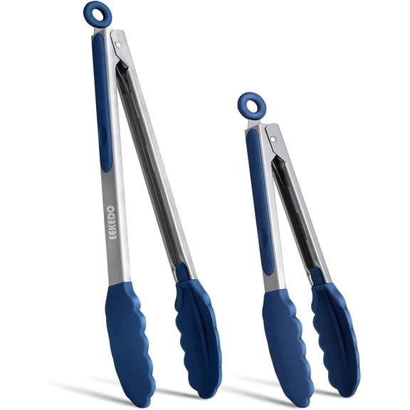 Kitchen Tongs, Stainless Steel Silicone Tongs for Cooking 600ºF High Heat-Resistant BBQ Grilling Locking Tongs, Set of 2-9" and 12" Classic Blue
