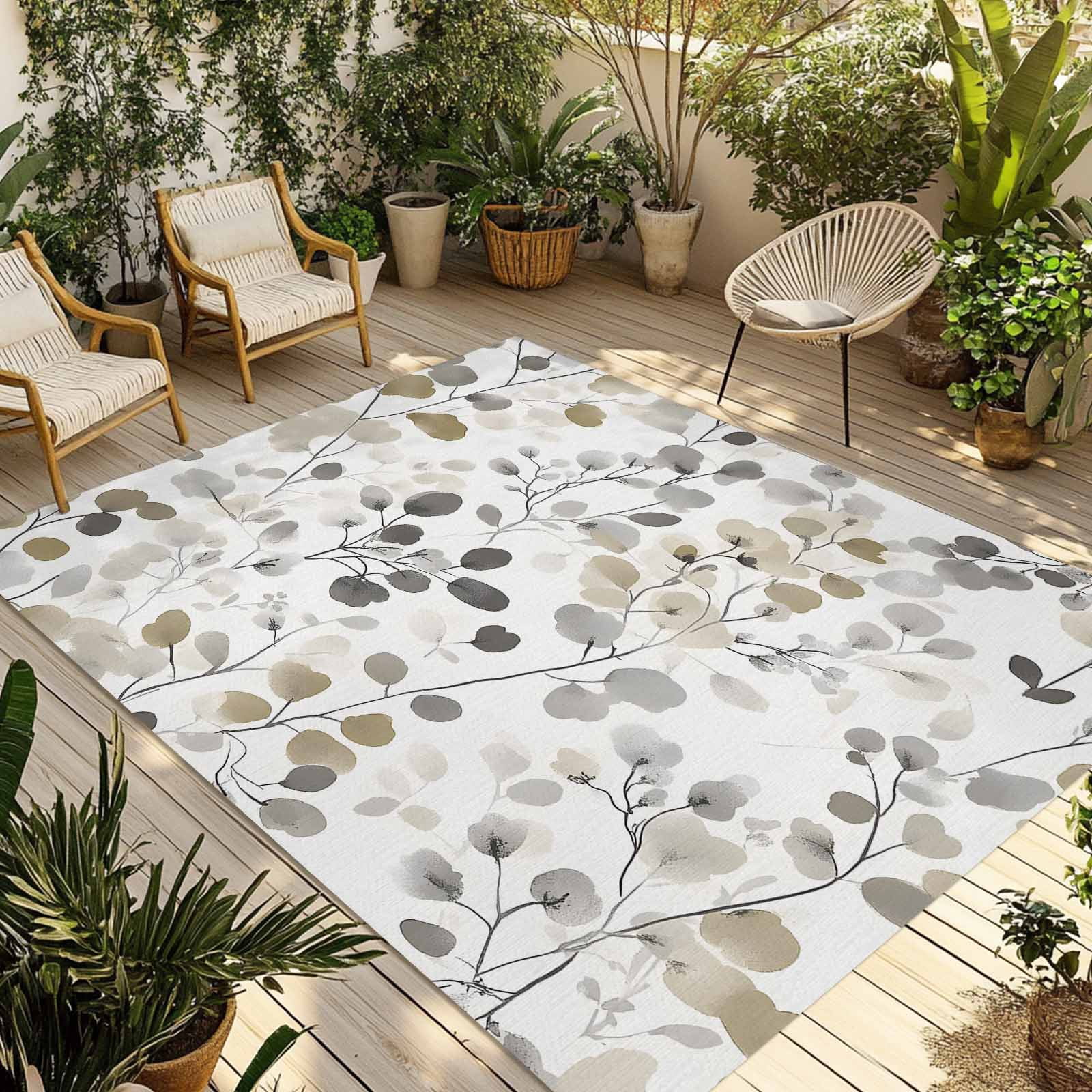 Outdoor Rug 5x8ft Ombre Brown Floral Large Area Rug Leaves Plant Indoor Outdoor Carpet Outdoor Rugs Mats for Patio Camping,RV,Front Door, Outside Decor