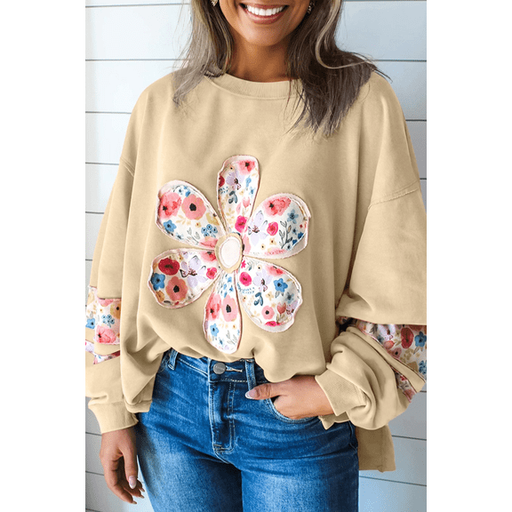 Pale Khaki Floral Applique Baggy Pullover Sweatshirt