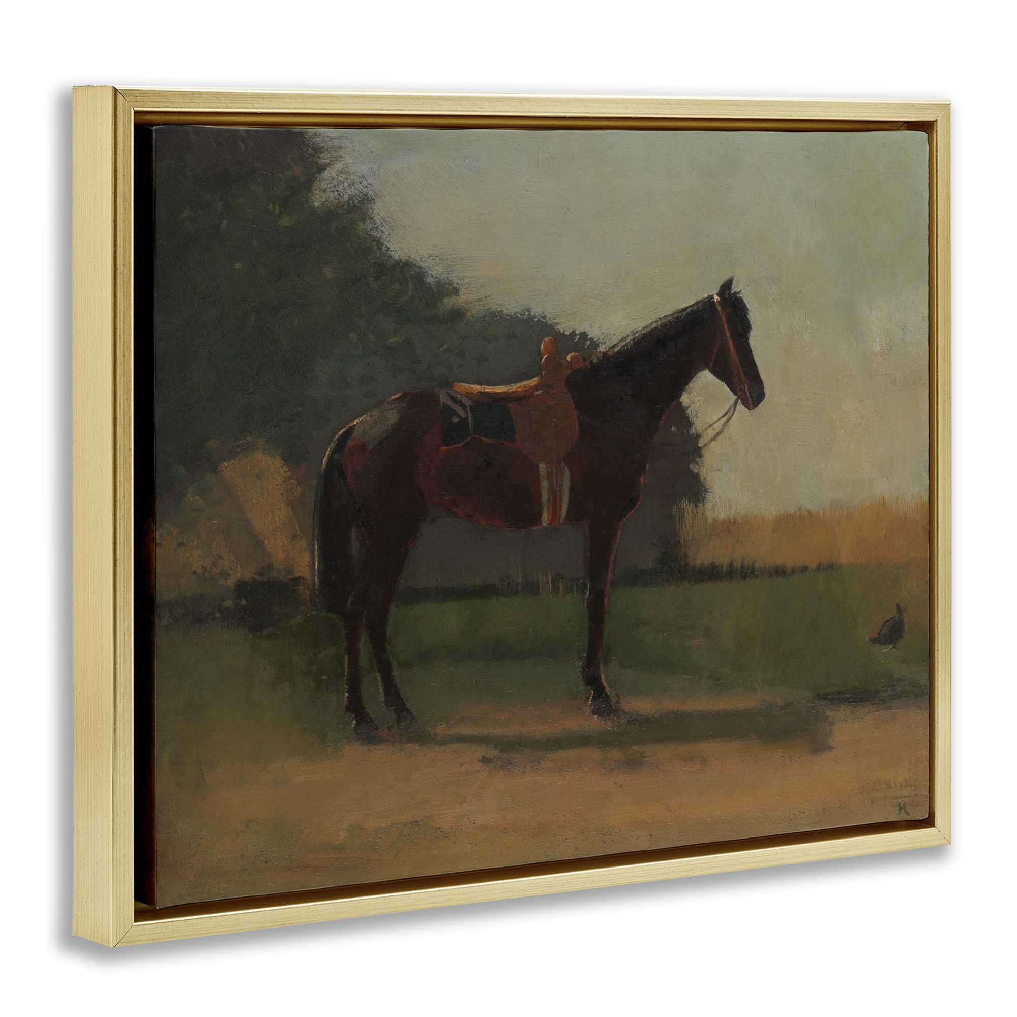 Stupell Industries Racing Horse with Saddle Animals & Insects Painting Gold Floater Framed Canvas Art Print Wall Art, 31 x 25
